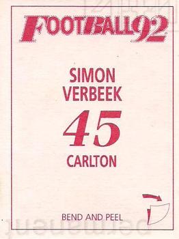 1992 Select AFL Stickers #45 Simon Verbeek Back
